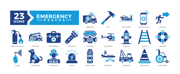 Fototapeta premium Emergency Rescue icons collection set including ambulance, firefighter tools, rescue vehicles, and medical support. Perfect for safety apps, emergency plans, and public service designs.