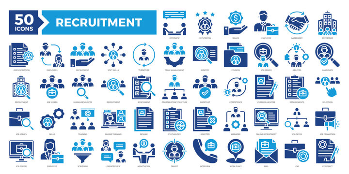 Recruitment icons collection set featuring hiring, interviews, resumes, HR tools, and candidate evaluation. Perfect for HR platforms, job boards, and employment-related visuals.