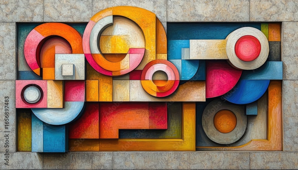 Poster abstract wall art with colorful geometric shapes and textured surfaces. it's ideal for adding a mode