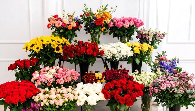 Colorful flower arrangements displayed in a shop. - Powered by Adobe