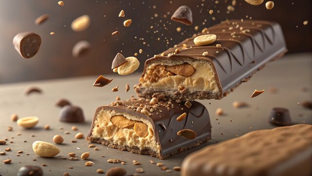 Delicious chocolate bar with peanuts and nougat breaking apart