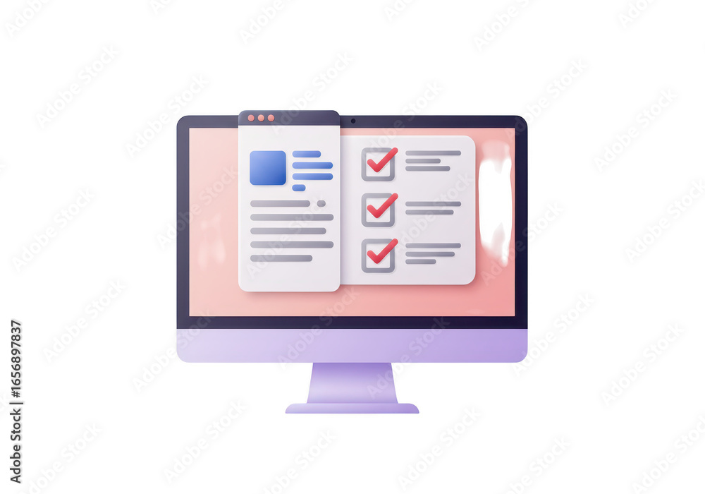 Poster a computer monitor showing a digital interface with a document and a checklist, isolated on a transp