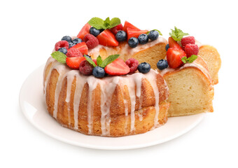 Delicious bundt cake with berries, glaze and mint isolated on white