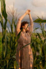 Obraz premium The concept of love for nature. Young woman with curly hair stretching in a cornfield during sunset, wearing a beige dress with a blurred background.
