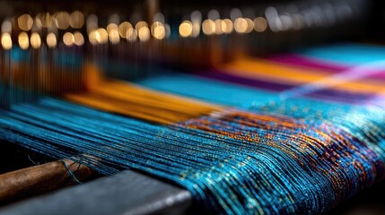 Naklejka premium Vibrant Colors of Threads on a Loom Creating Beautiful Patterns in Traditional Weaving Process