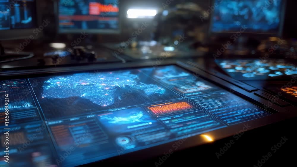 Poster medium shot of an aipowered command center control panel glowing in dim light showing a primary miss