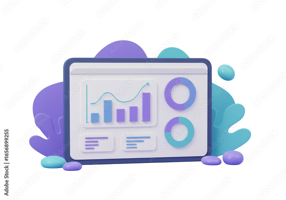 Poster 3d illustration of a digital analytics dashboard with charts and graphs, representing business growt