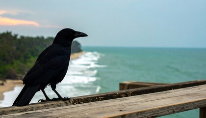 Silhouette of a crow perched on a wooden railing overlooking the ocean.