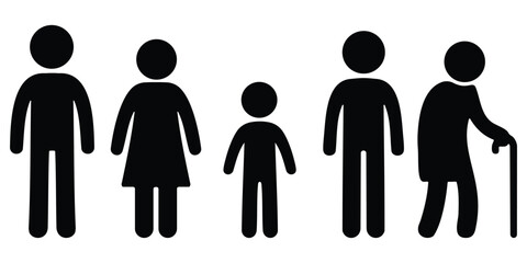 Family generation silhouette icons with parents, children, and elderly symbolizing growth, life stages, and community relationships