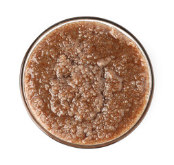 Natural body scrub in glass bowl isolated on white, top view