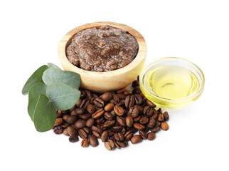 Natural body scrub in bowl, coffee beans, oil and eucalyptus branch isolated on white