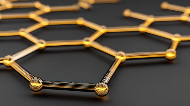 A close-up view of a golden honeycomb molecular structure, exhibiting intricate details and a sophisticated dark background.
