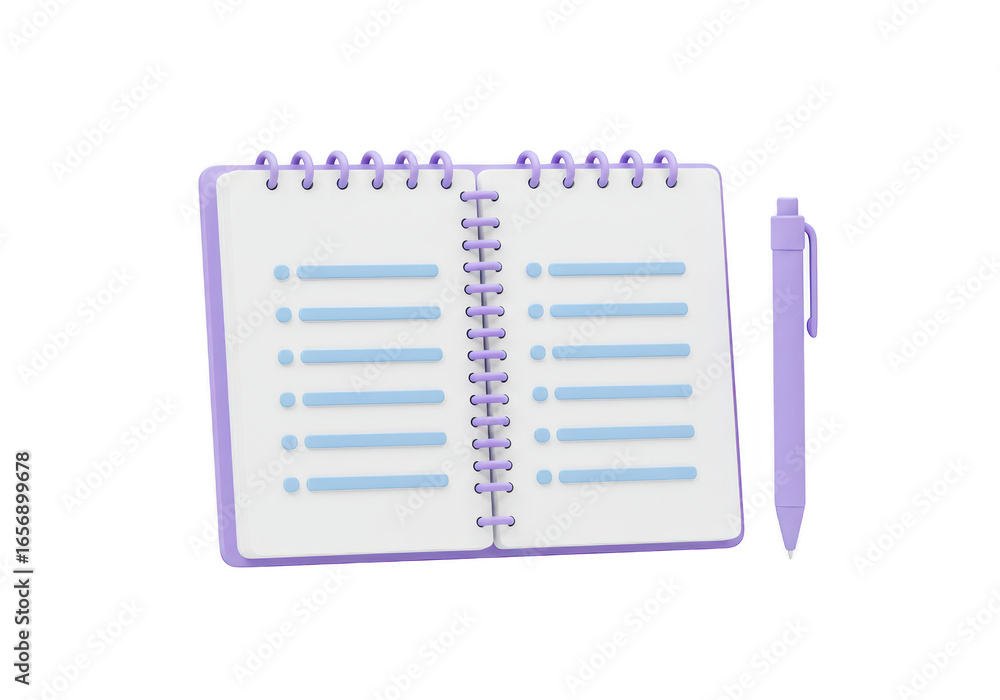 Poster 3d illustration of an open purple notebook with a pen, showing a blank checklist, isolated on transp