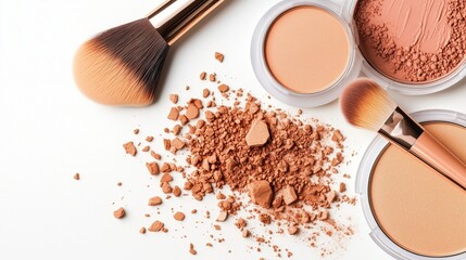 Makeup brushes and loose powder create a beautiful arrangement on a clean surface