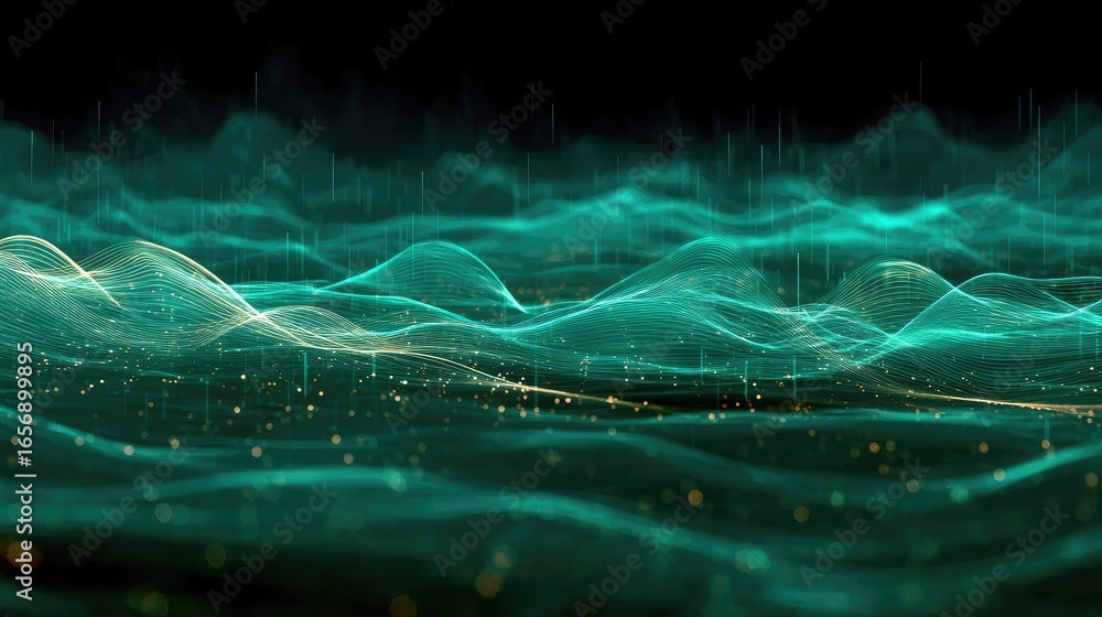 Poster abstract digital waves with light particles and flowing lines in a dark background