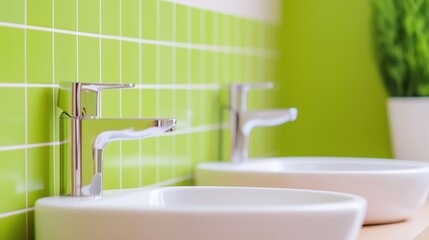 Modern bathroom design featuring two stylish sinks and vibrant green tiles for a fresh atmosphere