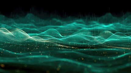 Abstract Digital Waves with Light Particles and Flowing Lines in a Dark Background