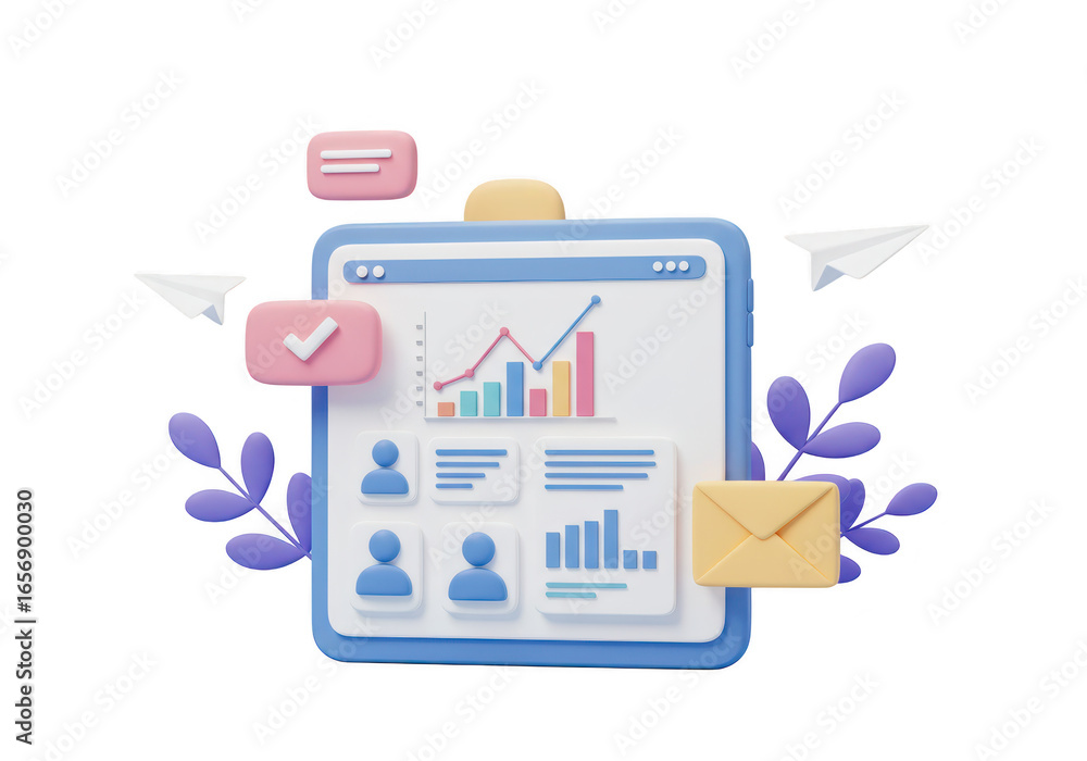 Poster tablet displaying analytics and user profiles, with communication icons and paper planes flying arou