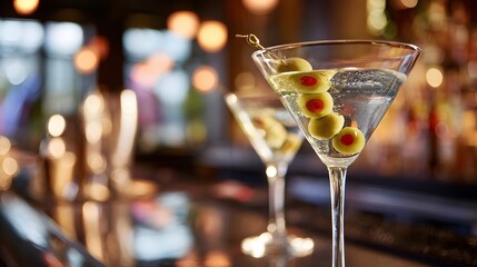 Two martini glasses with olives on a bar, ready for a delicious cocktail.