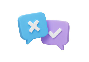 Obraz premium 3d illustration of two speech bubbles, one with a cross mark and the other with a check mark, representing disagreement and agreement, isolated on transparent background