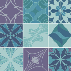 Decorative tile pattern in muted teal and mauve tones. Geometric floral motifs on a distressed background.