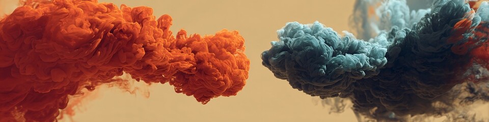 Vibrant orange and blue ink clouds colliding beautifully