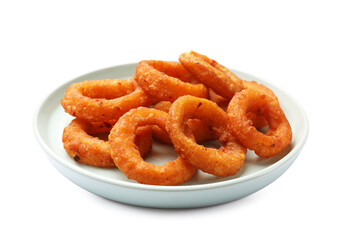Fried squid rings isolated on white. Tasty fast food