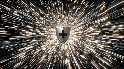 Obraz premium A metallic shield with a plus sign symbol is centered in a dynamic, radiating pattern of light streaks.
