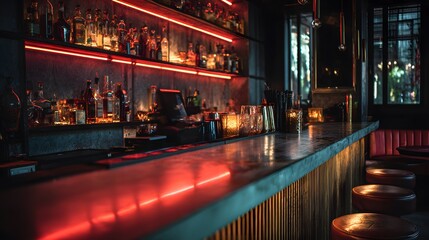 A stylish, dimly lit bar setting, perfect for a night out with drinks.
