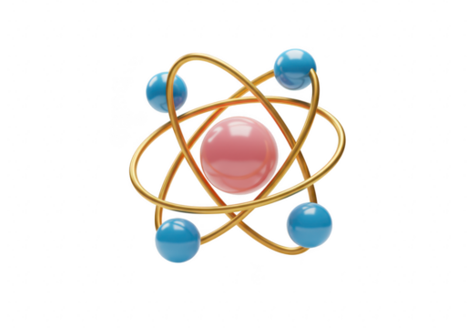 Atom model with pink nucleus, blue orbiting electrons, and gold orbits, isolated on transparent background