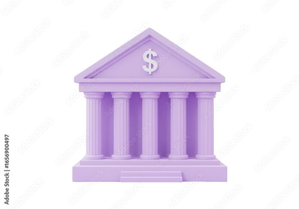 Poster purple bank building with columns and a dollar sign on the facade, isolated on transparent backgroun