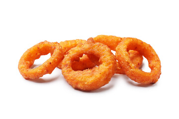 Fried squid rings isolated on white. Tasty fast food