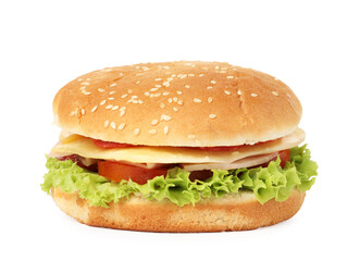Tasty burger with cheese, ham and tomato isolated on white