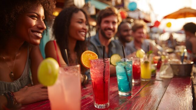 A group of friends smiles and enjoys colorful cocktails at an outdoor bar. - Powered by Adobe