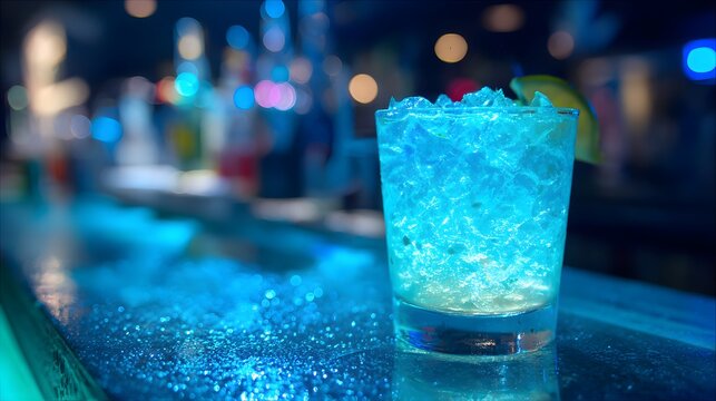 A luminous blue cocktail is served at a modern bar, radiating a cool vibe.