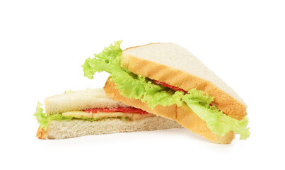 Tasty sandwiches with salami, cheese and lettuce isolated on white