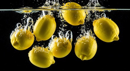 Bright yellow lemons splash and create ripples as they are submerged in clear water against a dark background.