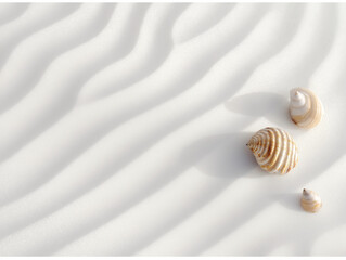 Natural seashells arranged on white rippled sand with diagonal shadows, minimal beach background for coastal, summer, vacation design themes