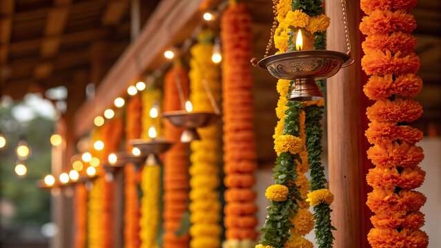 Vibrant marigold garlands and diyas decorate an outdoor venue