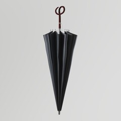Closed black umbrella with wooden handle.