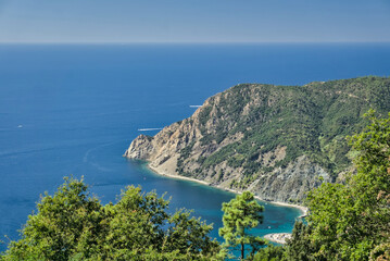 High-angle view of a rugged, green coastal cliff and turquoise bay along the Cinque Terre coast.