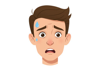 Fototapeta premium Closeup of a young mans face showing fear and anxiety, with sweat drops on his forehead, isolated on transparent background