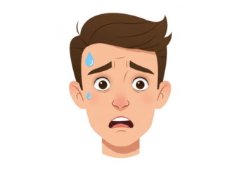 Closeup of a young mans face showing fear and anxiety, with sweat drops on his forehead, isolated on transparent background