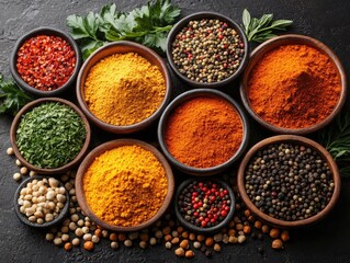 Various colourful spices are arranged in bowls with parsley on a dark surface. Use for recipe ideas, cooking blogs, food photography, or healthy eating.