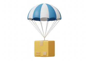 Yellow package being delivered by a blue and white striped parachute, isolated on transparent background