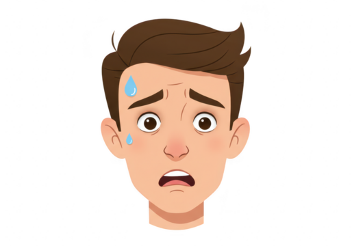 Closeup of a young mans face showing fear and anxiety, with sweat drops on his forehead, isolated on transparent background - Powered by Adobe