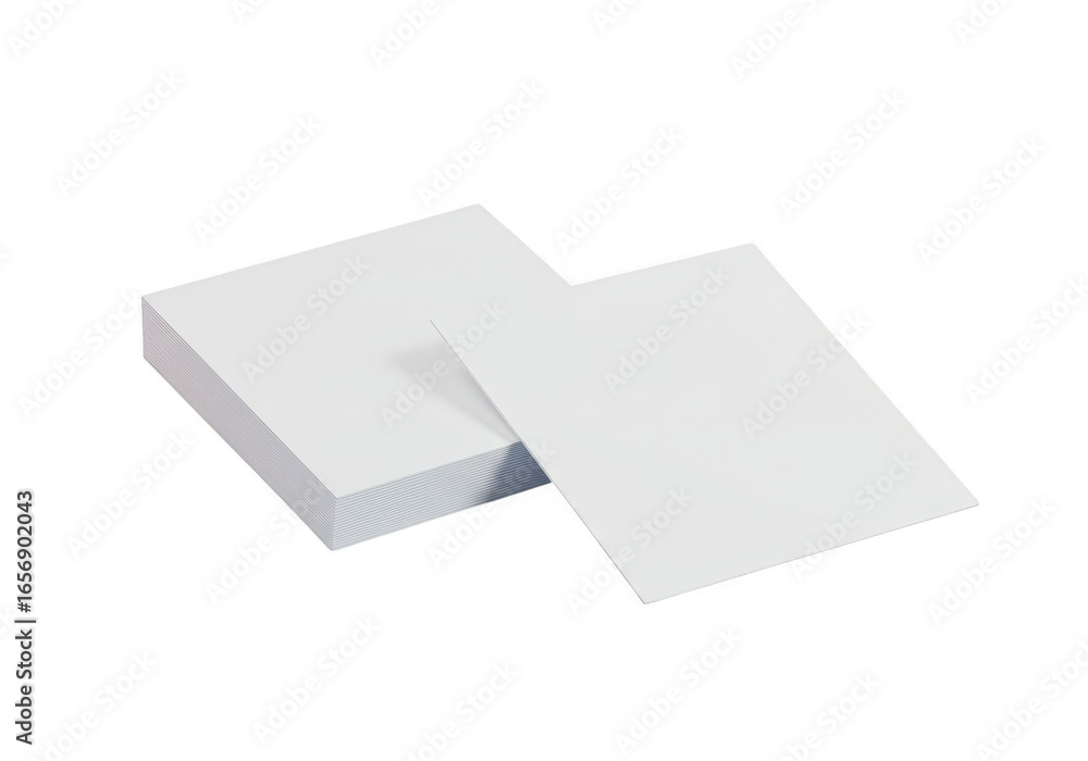 Poster stack of white paper sheets with one sheet leaning, isolated on transparent background