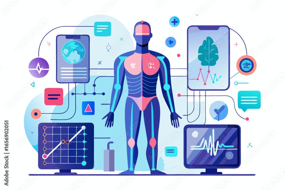 Poster dynamic medical dashboard visualizes human anatomy and health data with futuristic interface element