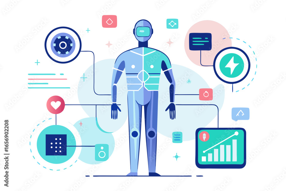 Poster innovative robot human anatomy concept showcasing smart technology integration and data analytics fo