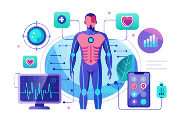 Visualize innovative healthcare technology and human anatomy insights with a dynamic digital dashboard showcasing vital signs and health data for modern wellness.